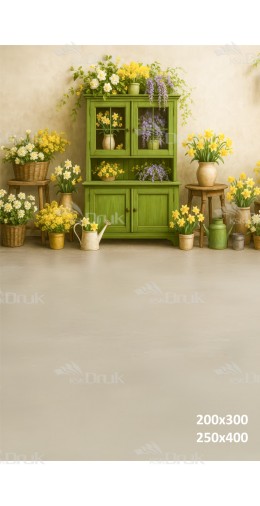 Tło fotograficzne z zieloną witryną i żółtymi kwiatami | E583